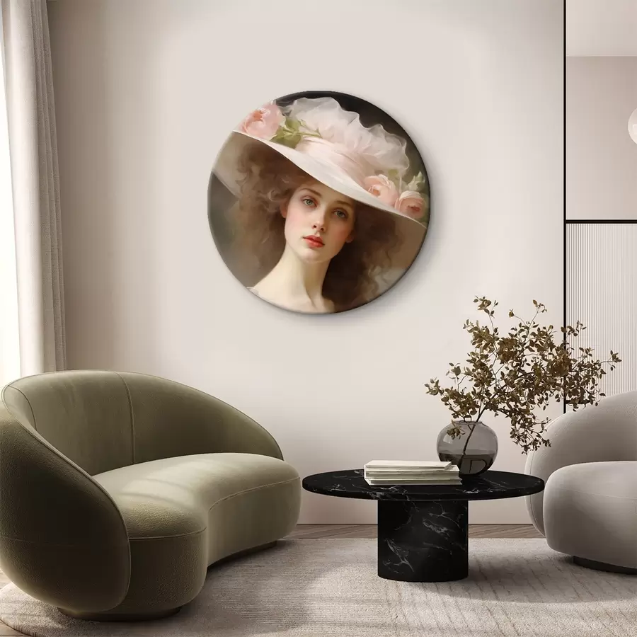  Schilderijen Een portret van een jonge vrouw in een delicate roze jurk en hoed versierd met bloemen, met een romantische en verfijnde uitdrukking. r42581