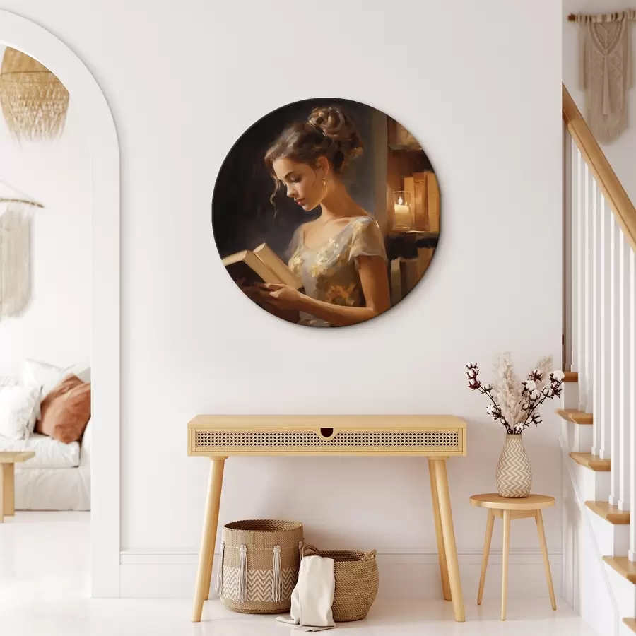  Schilderijen Een jonge vrouw in een elegante jurk leest een boek in sfeervolle verlichting, omringd door boekenplanken en de zachte gloed van kaarsen. r42570