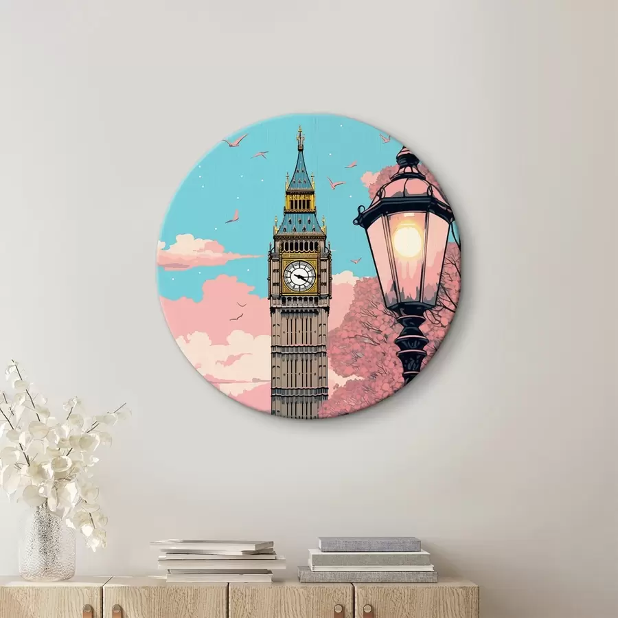 Schilderijen Een blik op de Big Ben met lenteroze bomen, een helderblauwe lucht en een vintage straatlantaarn op de voorgrond. r42578