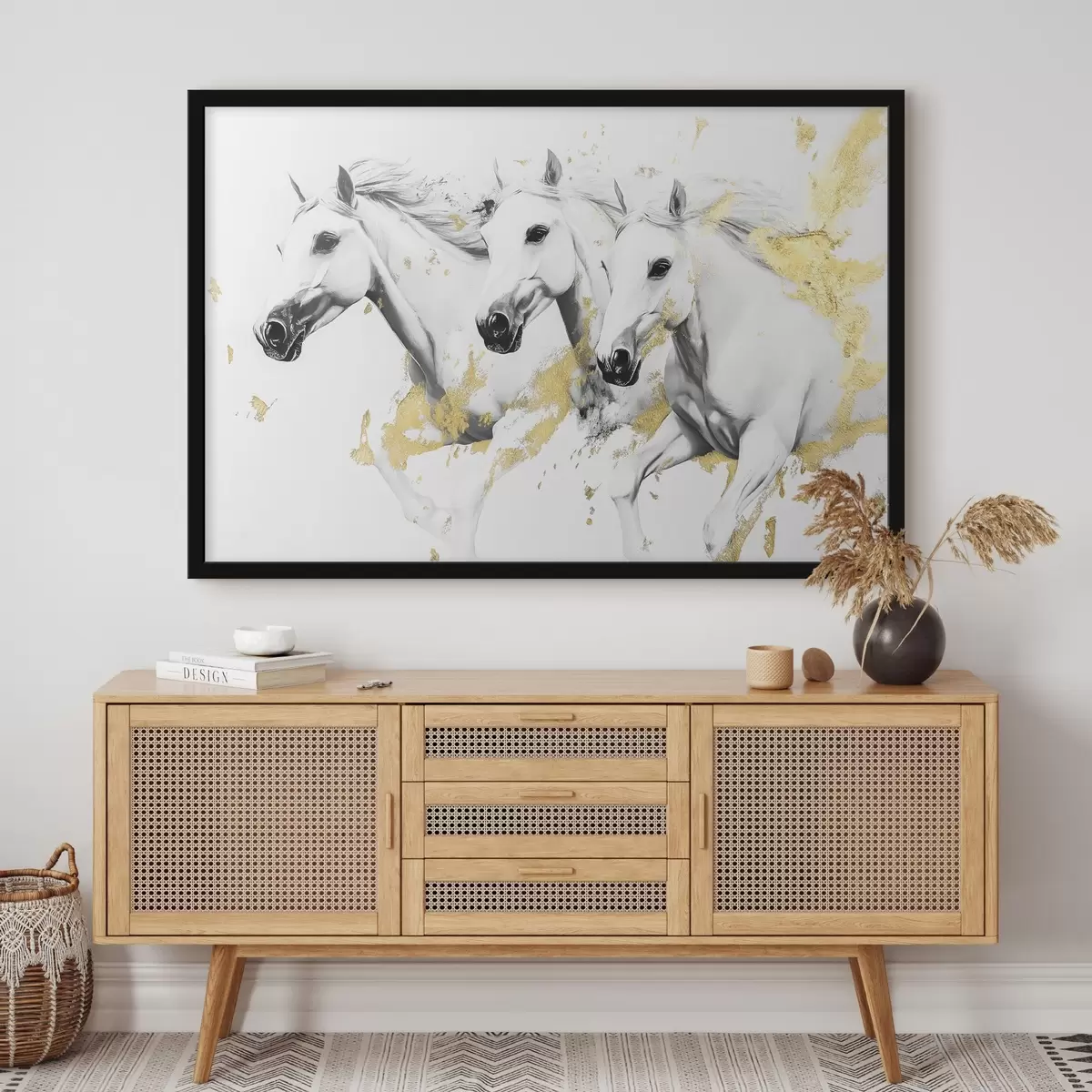 Affiche Trois chevaux noirs et blancs f42617