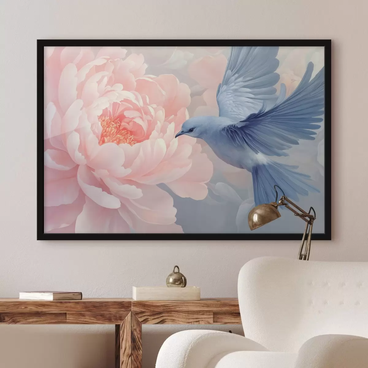 Poster Blauwe kolibrie en pioenroos f42618