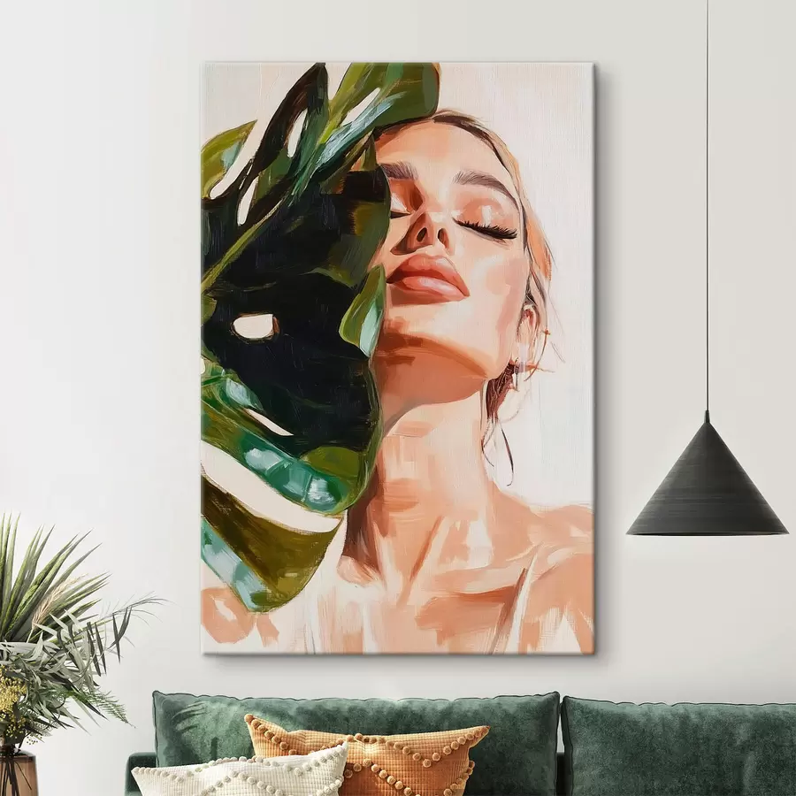 Fotobehang Portret van een vrouw met een monsterablad met imitatie penseelstreken s42597