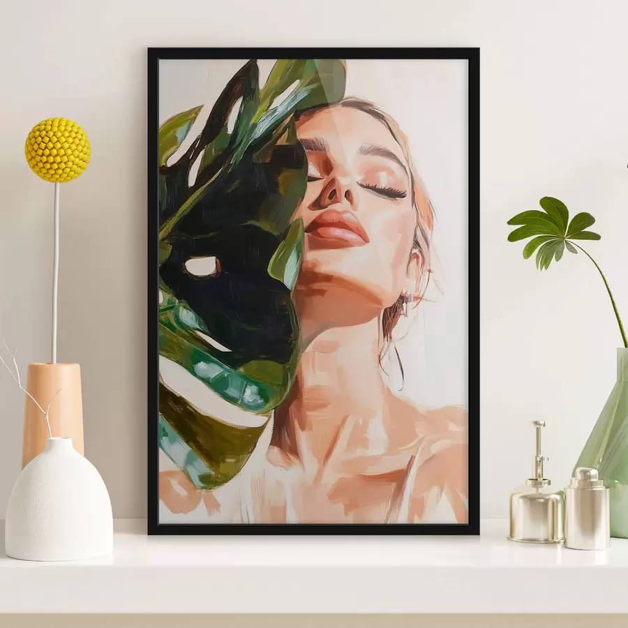 Fotobehang Portret van een vrouw met een monsterablad met imitatie penseelstreken f42597