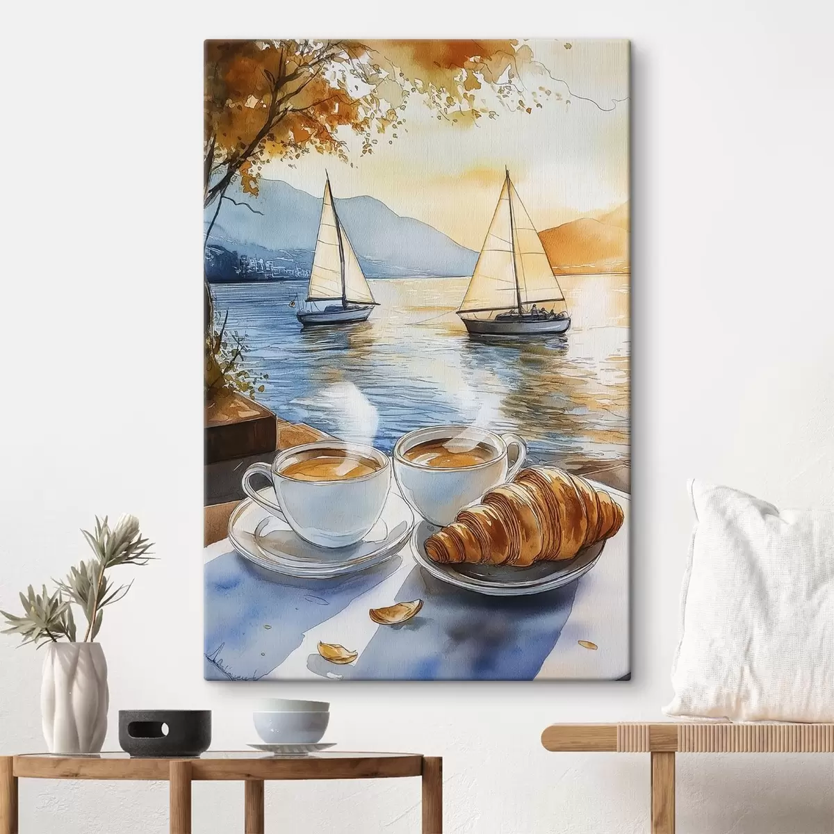  Peintures Coucher de soleil sur le lac, voiliers, tasses de café, style aquarelle s42442