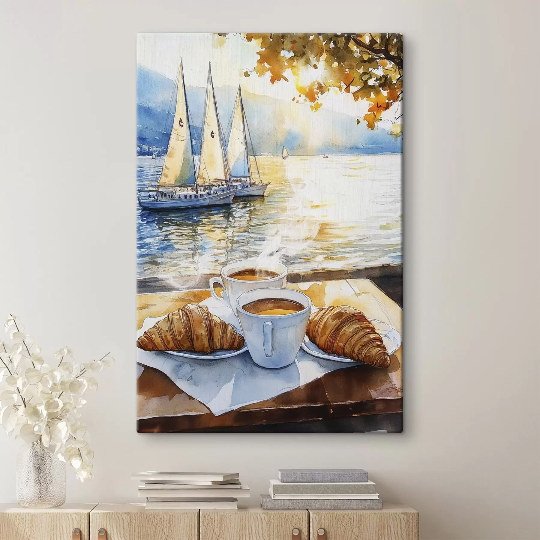  Schilderijen Kopjes koffie, kleuren zonsondergang, meer, zeilboten, natuur, reizen s42443
