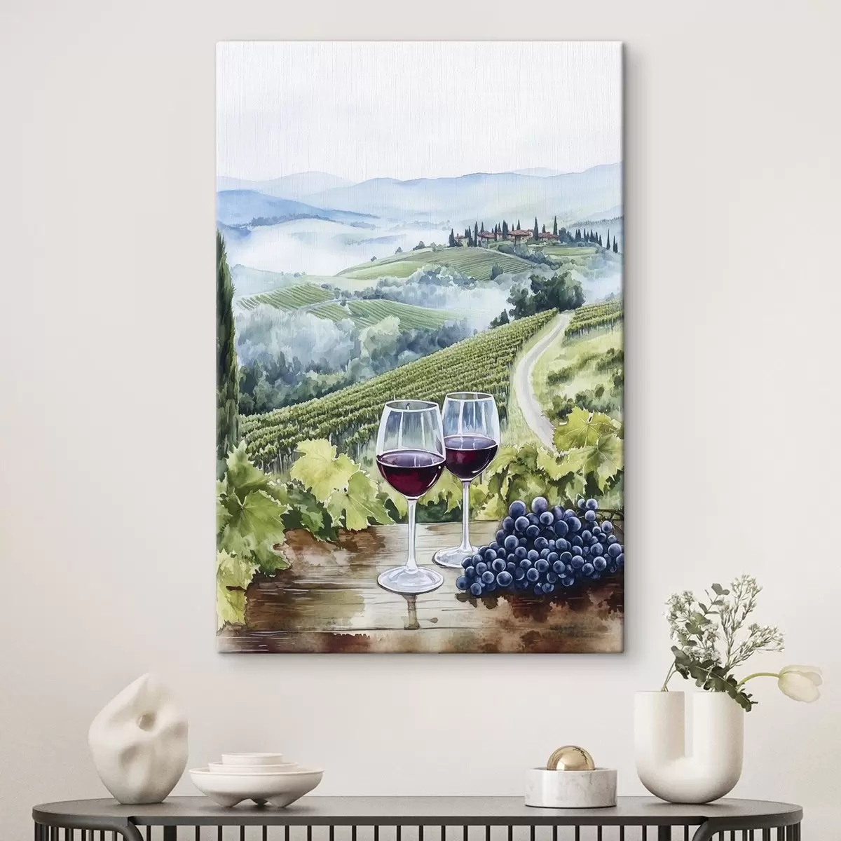  Peintures Paysage de Toscane, vignobles, verres à vin, style aquarelle s42445