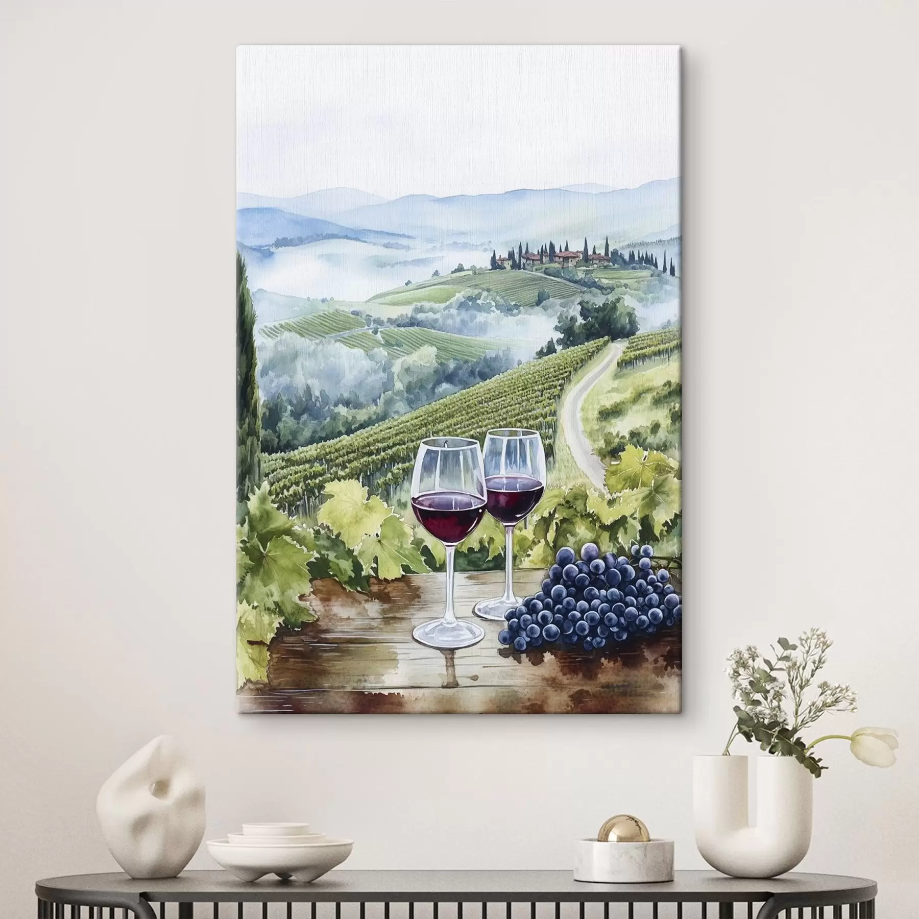  Peintures Paysage de Toscane, vignobles, verres à vin, style aquarelle s42445