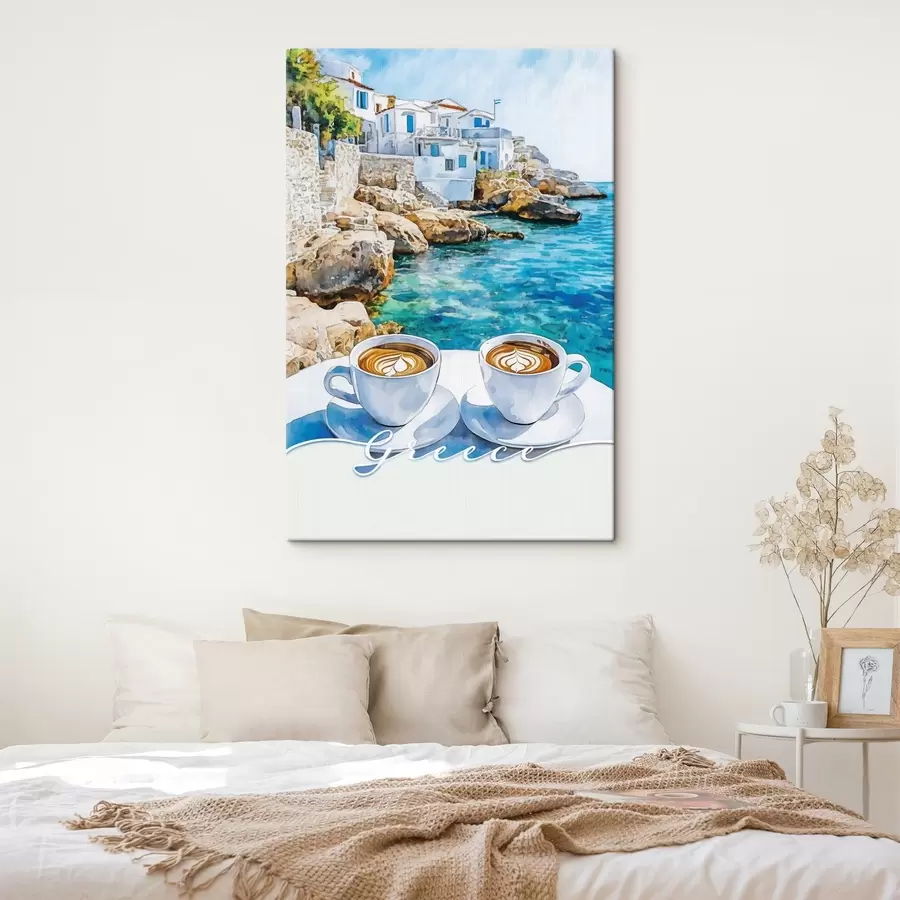 Fotobehang Griekenland esthetiek, kopjes koffie, blauwe zee, oude stad, reizen s42447