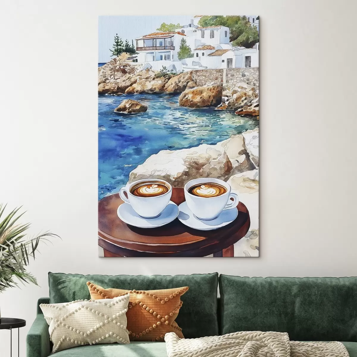  Schilderijen Aquarel zeezijde met kopjes koffie, zomer s42449