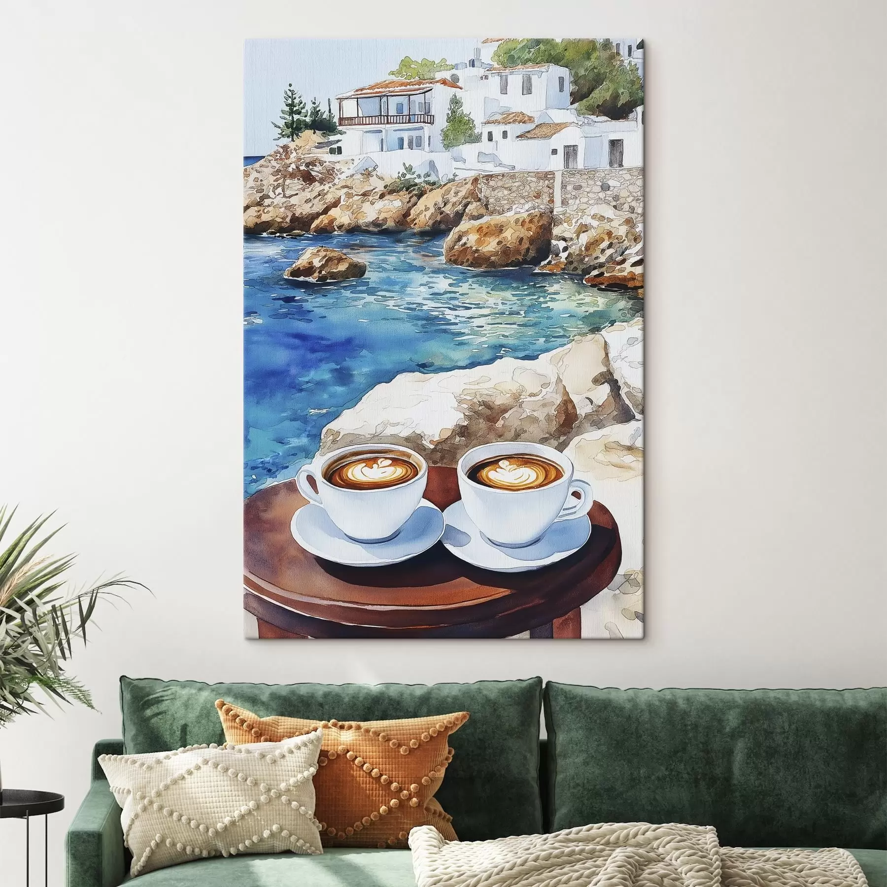  Schilderijen Aquarel zeezijde met kopjes koffie, zomer s42449