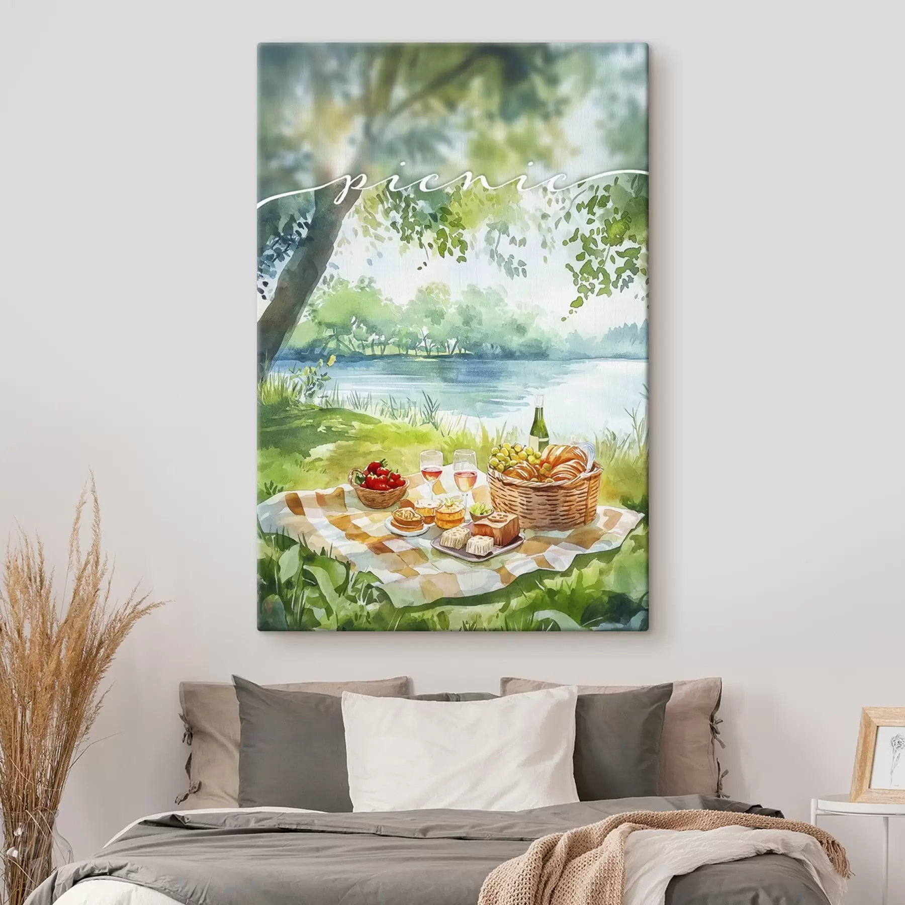  Schilderijen Picknick esthetiek, zomer natuur, meer, romantisch, aquarel stijl s42450