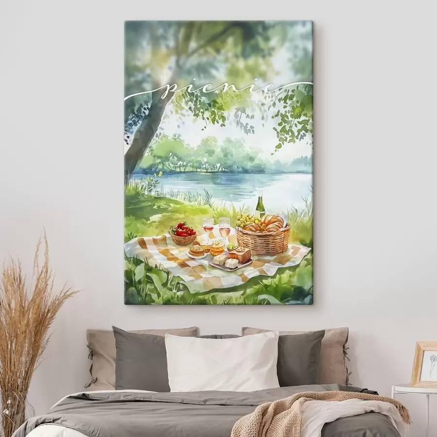  Schilderijen Picknick esthetiek, zomer natuur, meer, romantisch, aquarel stijl s42450