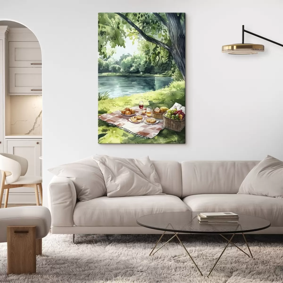  Schilderijen Mooie romantische picknick bij het zomerse meer, fruit, groen s42451