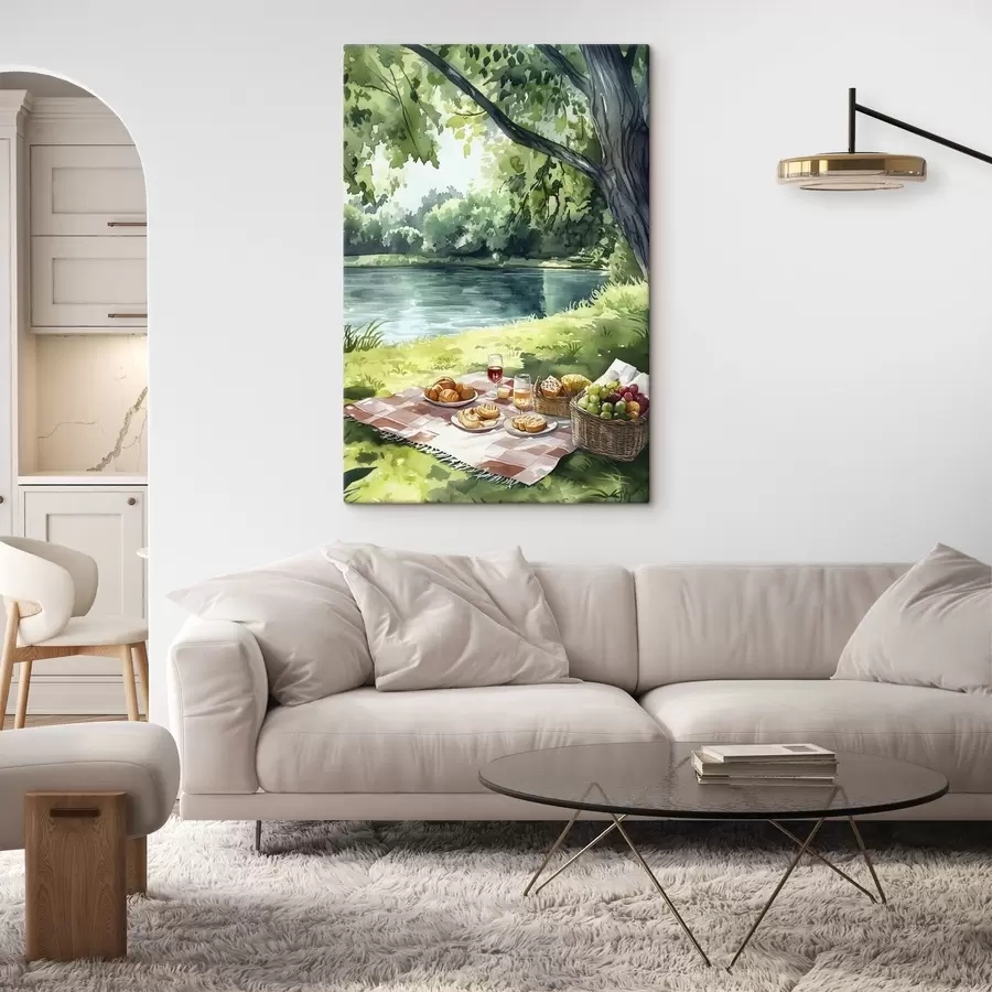  Peintures Beau pique-nique romantique au bord d'un lac d'été, fruits, verdure s42451