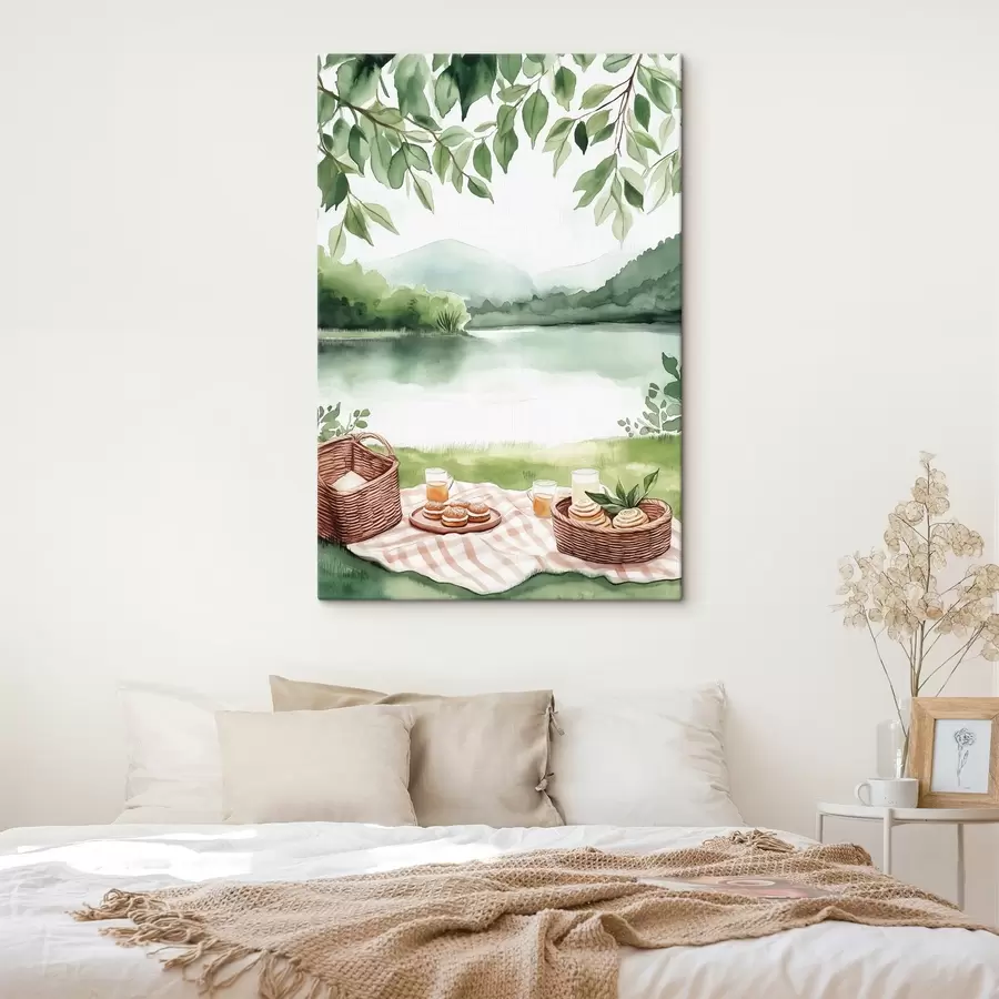  Peintures Pique-nique d'été de style aquarelle, rustique, lac, verdure, paniers de nourriture s42452