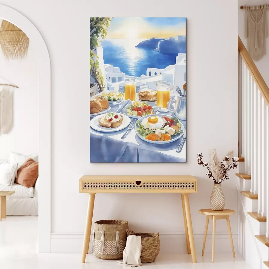  Peintures Paysages de Santorin, petit déjeuner, style aquarelle, vieille ville s42454