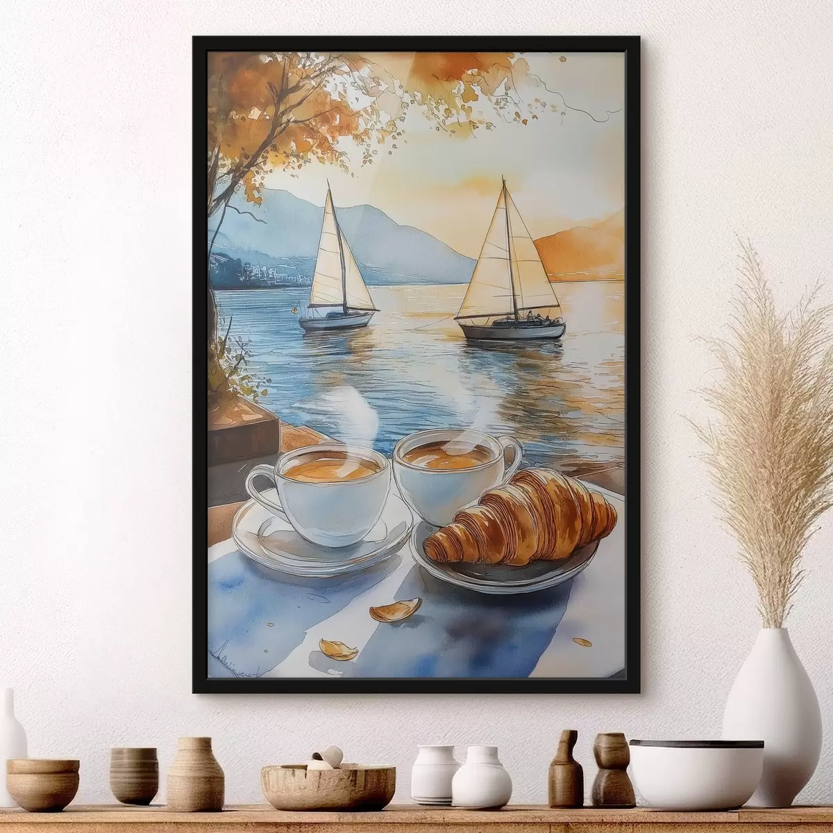 Affiche Coucher de soleil sur le lac, voiliers, tasses de café, style aquarelle f42442