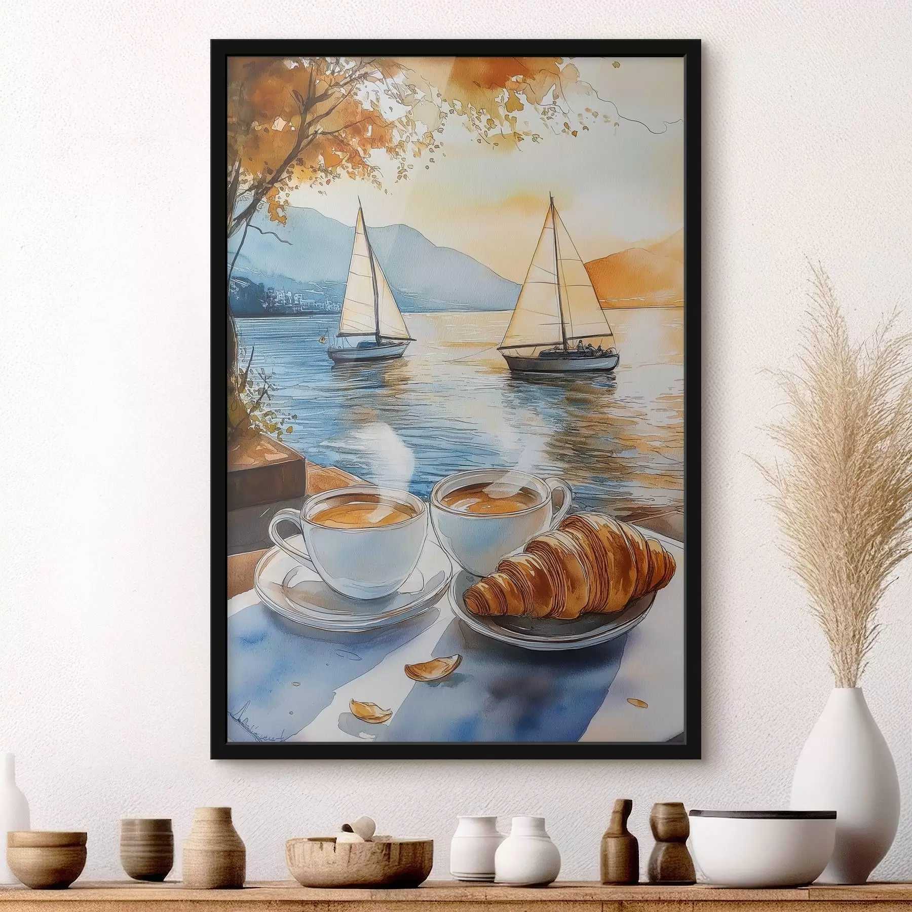 Fotobehang Zonsondergang op het meer, zeilboten, kopjes koffie, aquarelstijl f42442