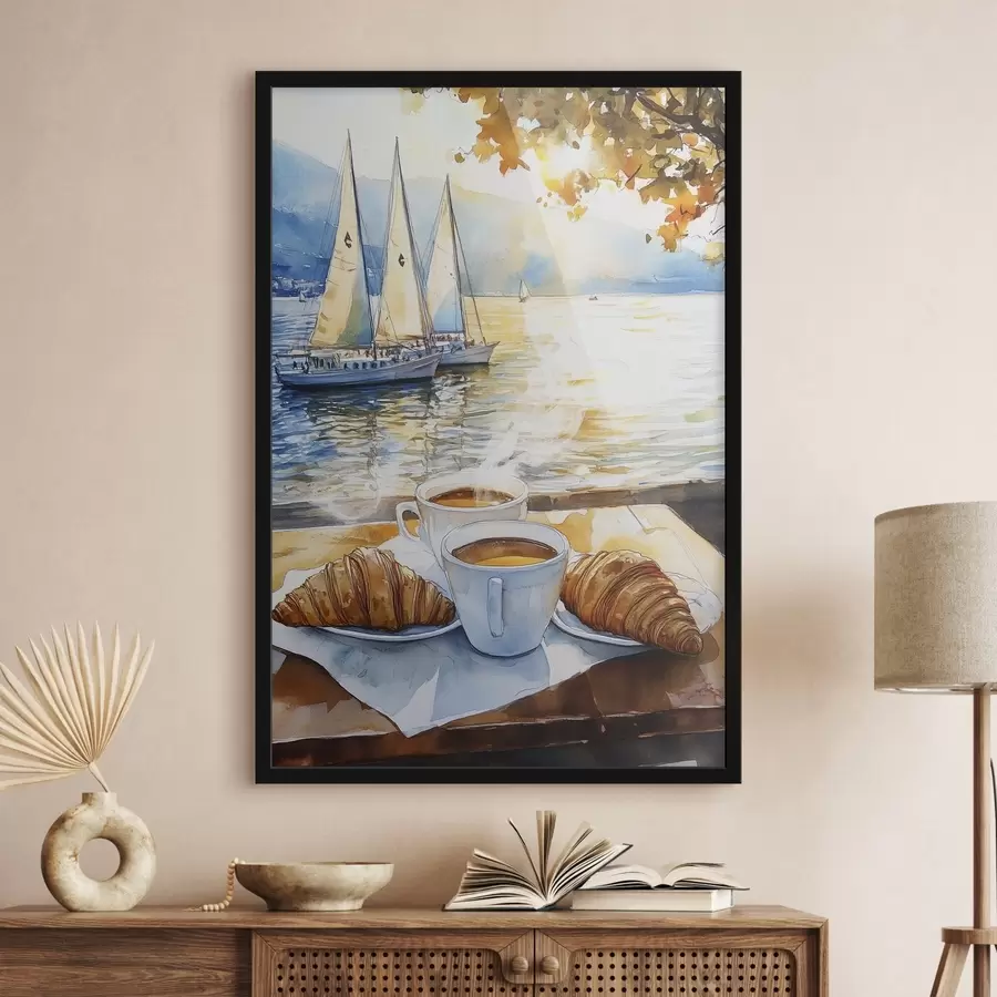 Fotobehang Kopjes koffie, kleuren zonsondergang, meer, zeilboten, natuur, reizen f42443