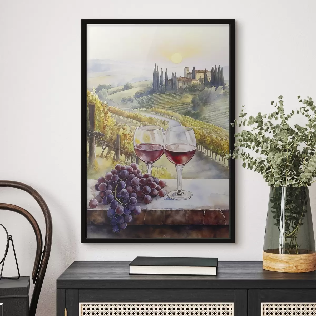 Poster Zonsondergang in Toscane, wijnmakerij, oude architectuur, aquarel stijl, Italië f42446