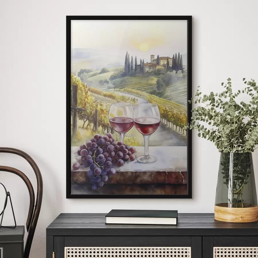 Fotobehang Zonsondergang in Toscane, wijnmakerij, oude architectuur, aquarel stijl, Italië f42446