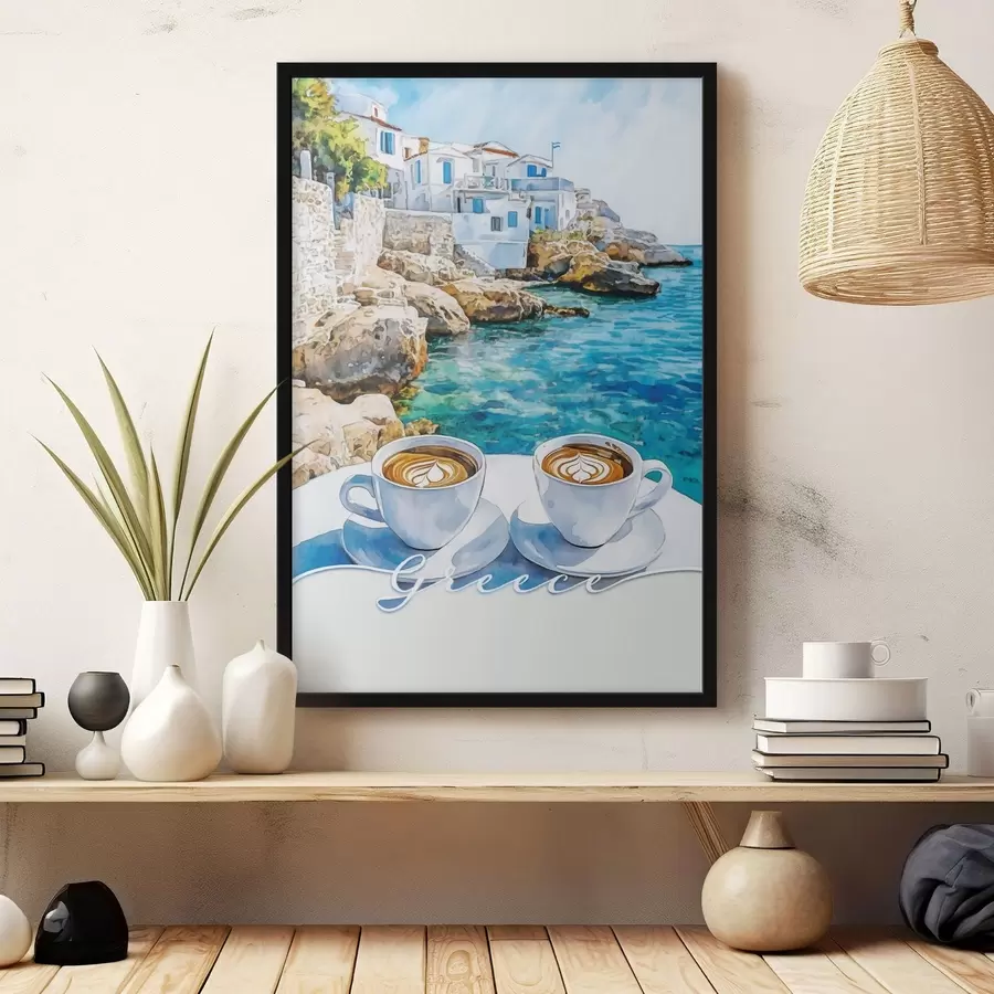Fotobehang Griekenland esthetiek, kopjes koffie, blauwe zee, oude stad, reizen f42447
