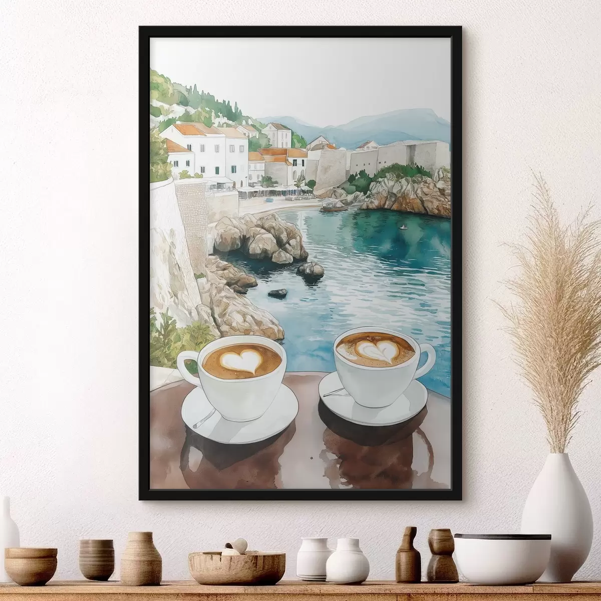 Poster Kopjes koffie aan zee, aquarelstijl, Kroatië f42448