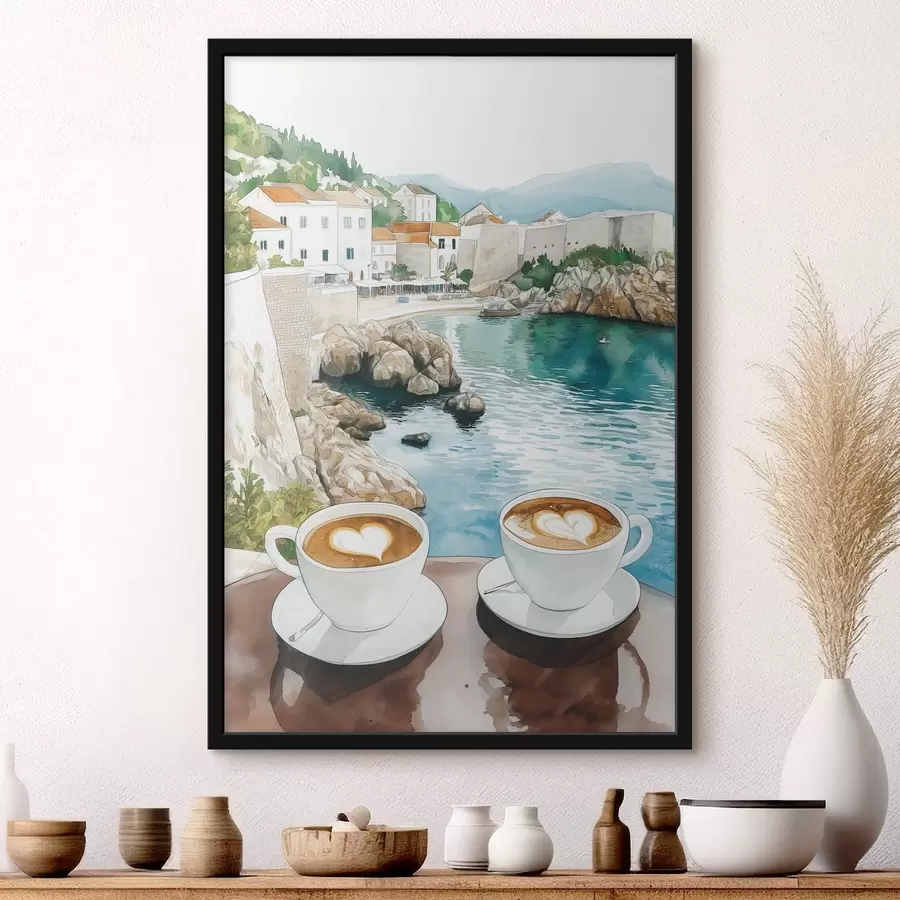 Fotobehang Kopjes koffie aan zee, aquarelstijl, Kroatië f42448