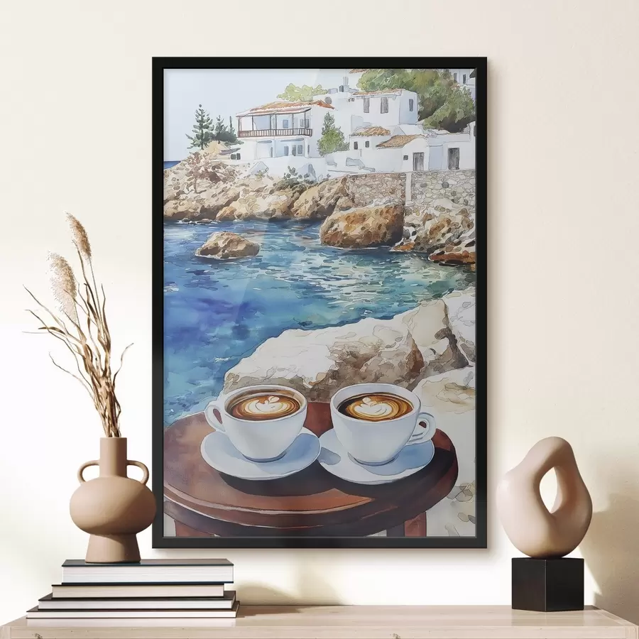 Papier peint photo Aquarelle bord de mer avec tasses de café, été f42449