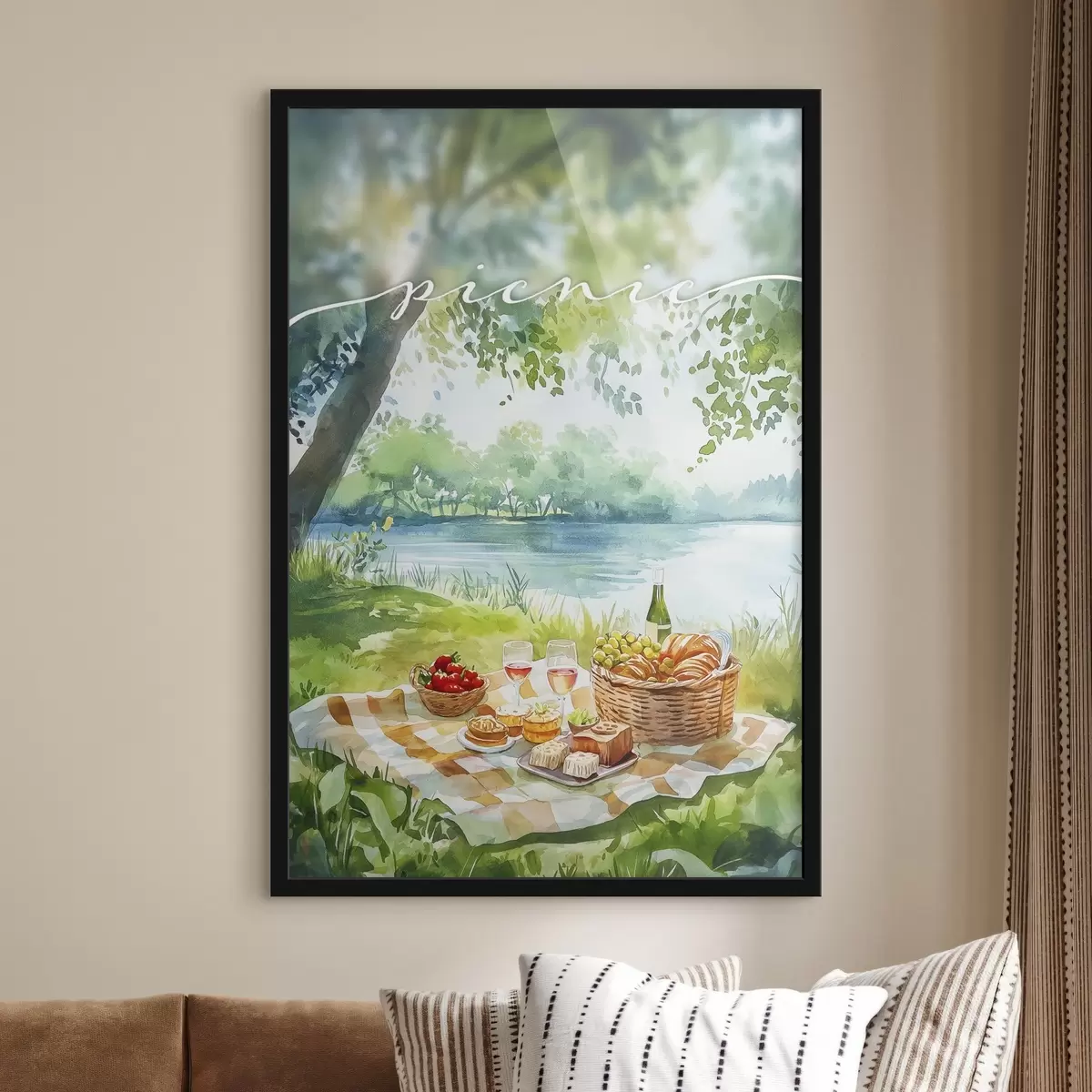 Poster Picknick esthetiek, zomer natuur, meer, romantisch, aquarel stijl f42450