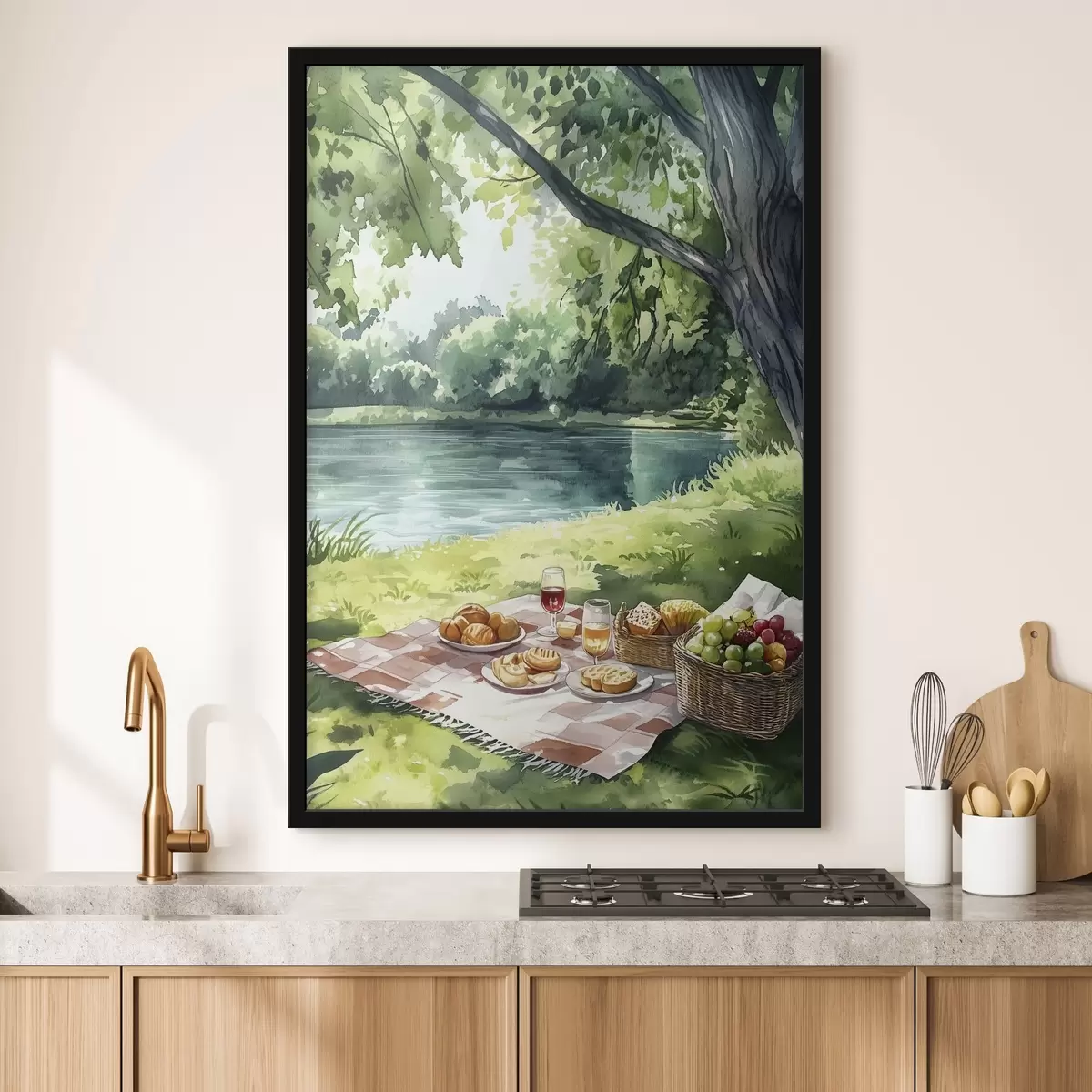 Affiche Beau pique-nique romantique au bord d'un lac d'été, fruits, verdure f42451