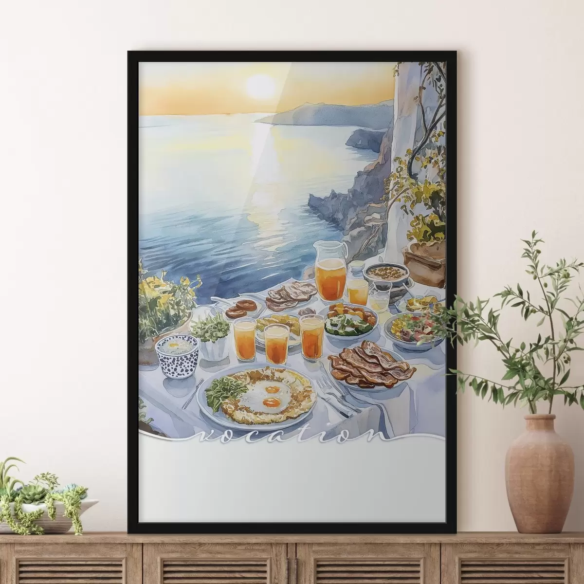 Affiche Vocation romantique en Grèce, style aquarelle, petit déjeuner, lever de soleil f42453