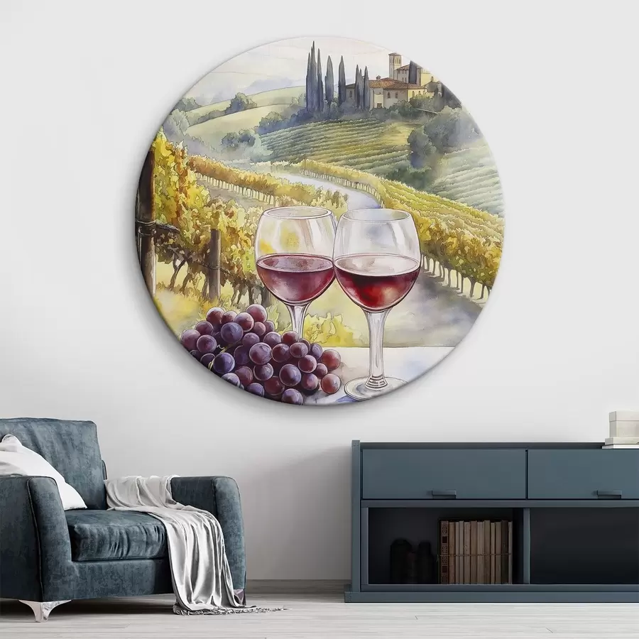  Schilderijen Zonsondergang in Toscane, wijnmakerij, oude architectuur, aquarel stijl, Italië r42446