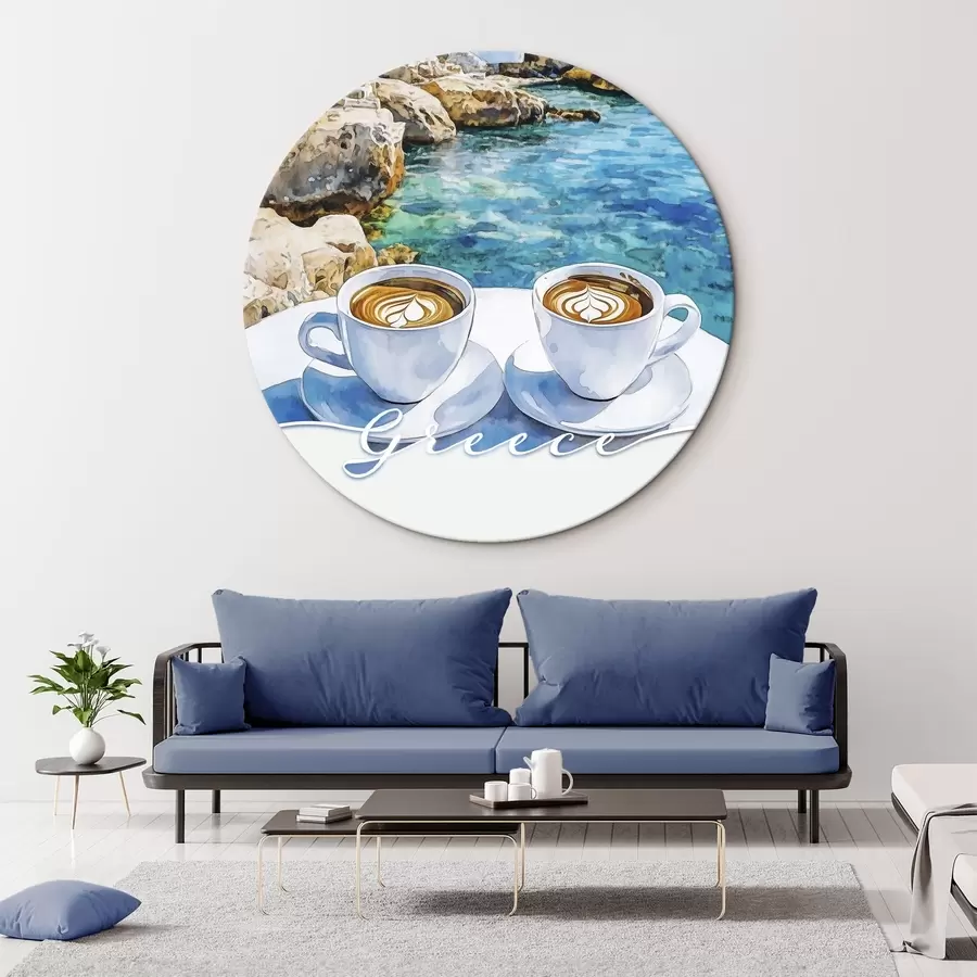  Schilderijen Griekenland esthetiek, kopjes koffie, blauwe zee, oude stad, reizen r42447