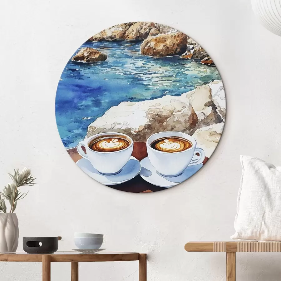  Schilderijen Aquarel zeezijde met kopjes koffie, zomer r42449