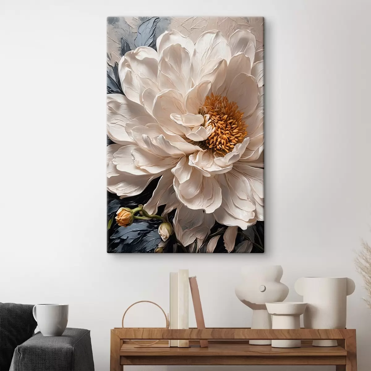  Peintures Fleur blanche sur fond bleu-beige s42523