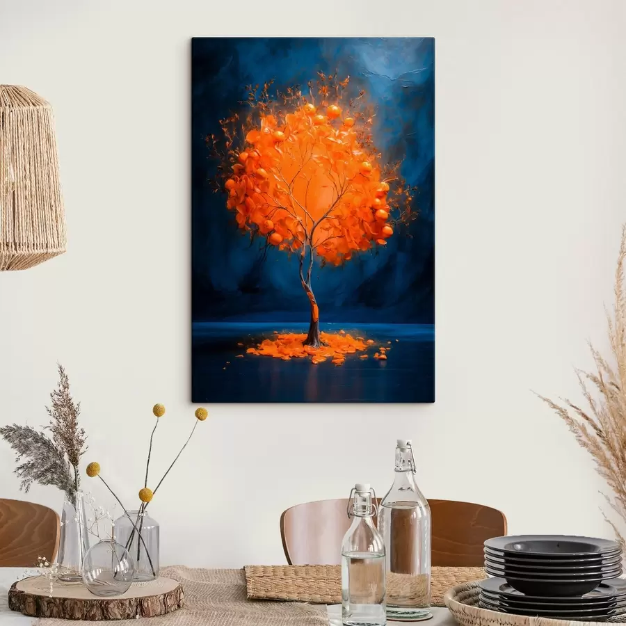  Schilderijen Oranje boom op blauwe achtergrond in acrylschilderstijl s42525