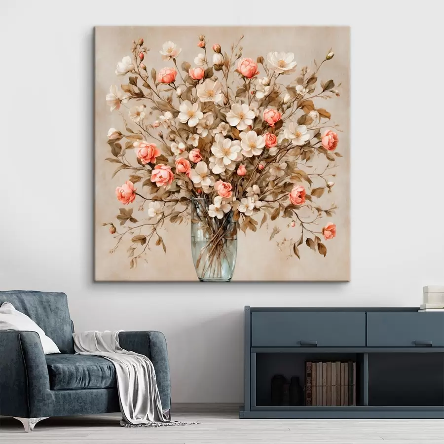  Schilderijen Bloemen in transparante vaas op beige achtergrond s42534