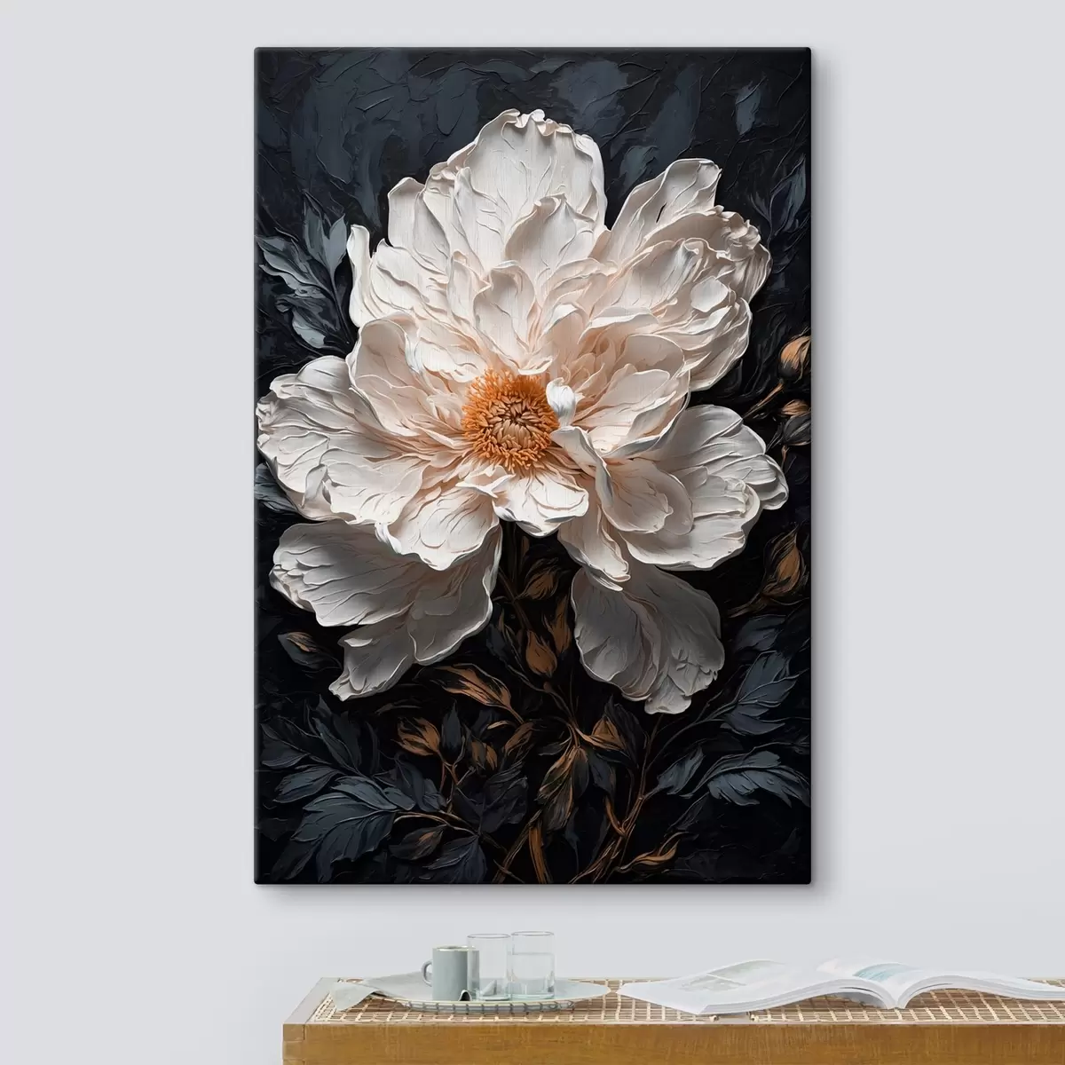  Schilderijen Witte bloem op zwarte achtergrond in olieverfschilderijstijl s42544