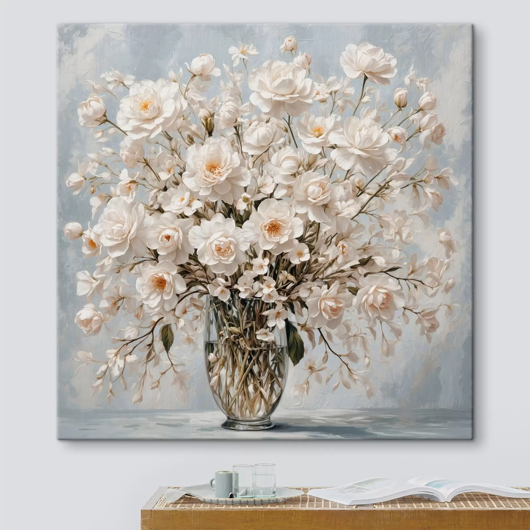  Schilderijen Witte bloemen in transparante vaas in acrylschilderstijl s42545