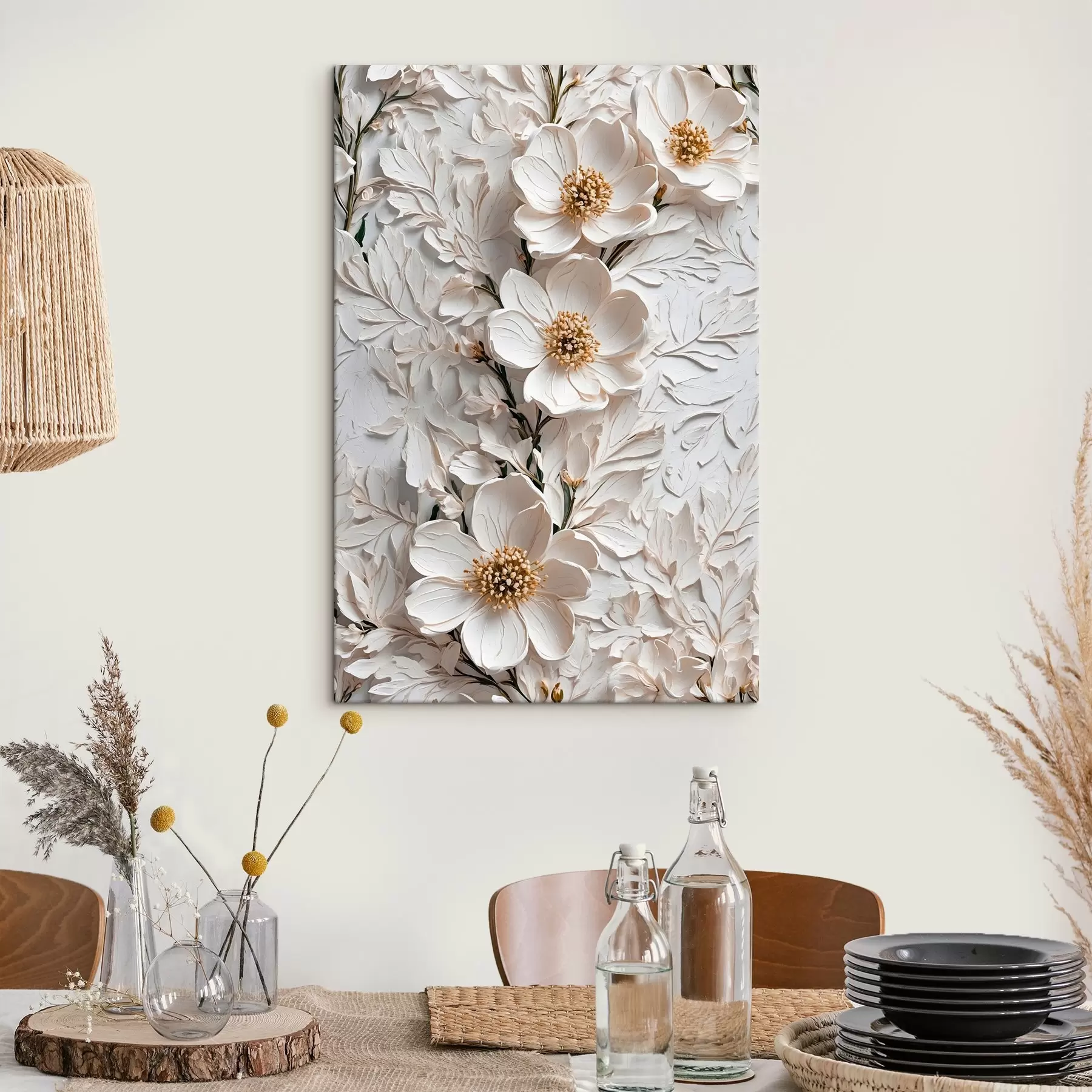  Schilderijen Witte bloemen en stengels in olieverfstijl s42546