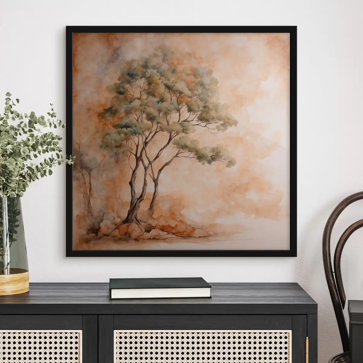 Affiche Arbre sur fond orange et blanc dans le style aquarelle f42514