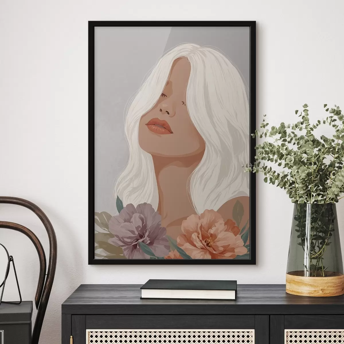 Poster Meisje op grijze achtergrond in vectorgrafiek f42521