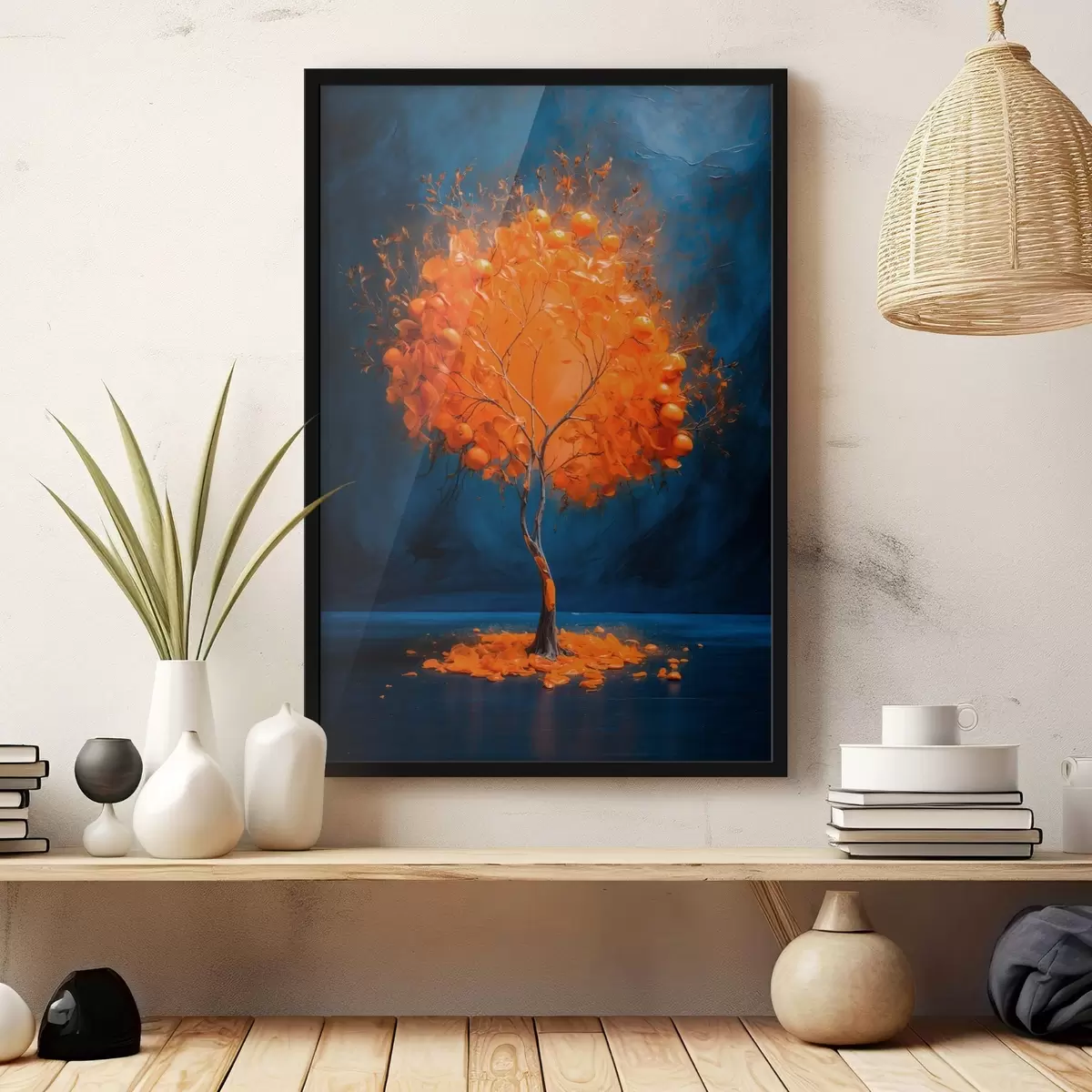 Poster Oranje boom op blauwe achtergrond in acrylschilderstijl f42525