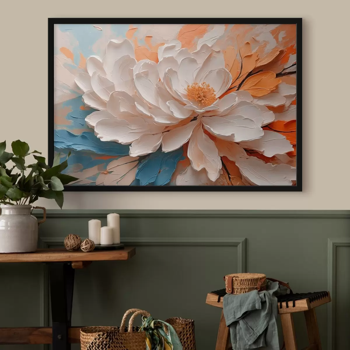 Poster Witte bloem in olieverfschilderijstijl f42528