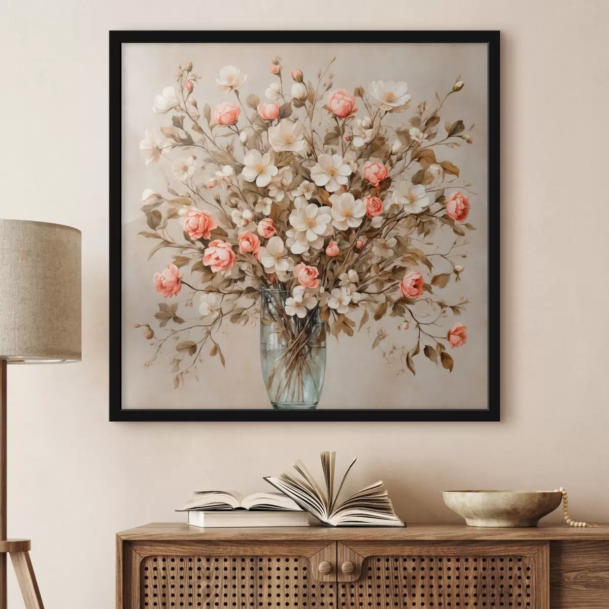 Affiche Fleurs dans un vase transparent sur fond beige f42534