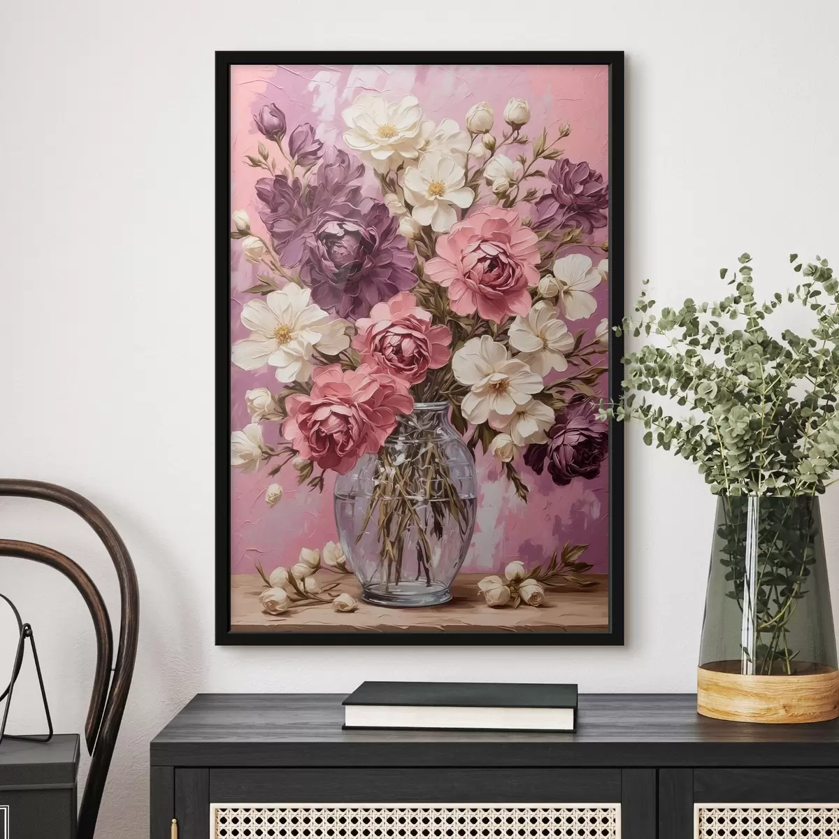 Affiche Fleurs dans un vase transparent sur fond violet f42535