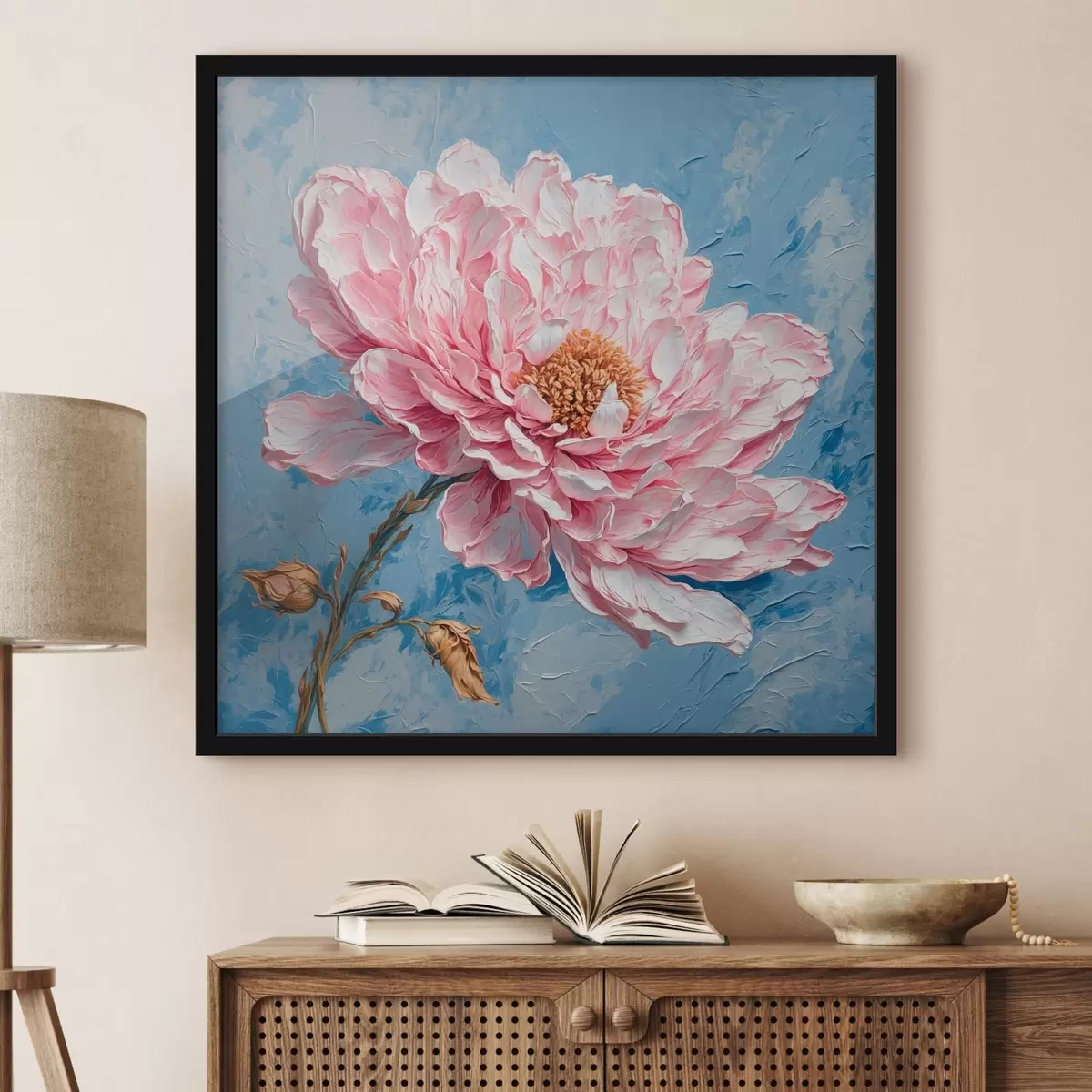 Affiche Fleur rose sur fond bleu dans le style de la peinture à l'huile f42537