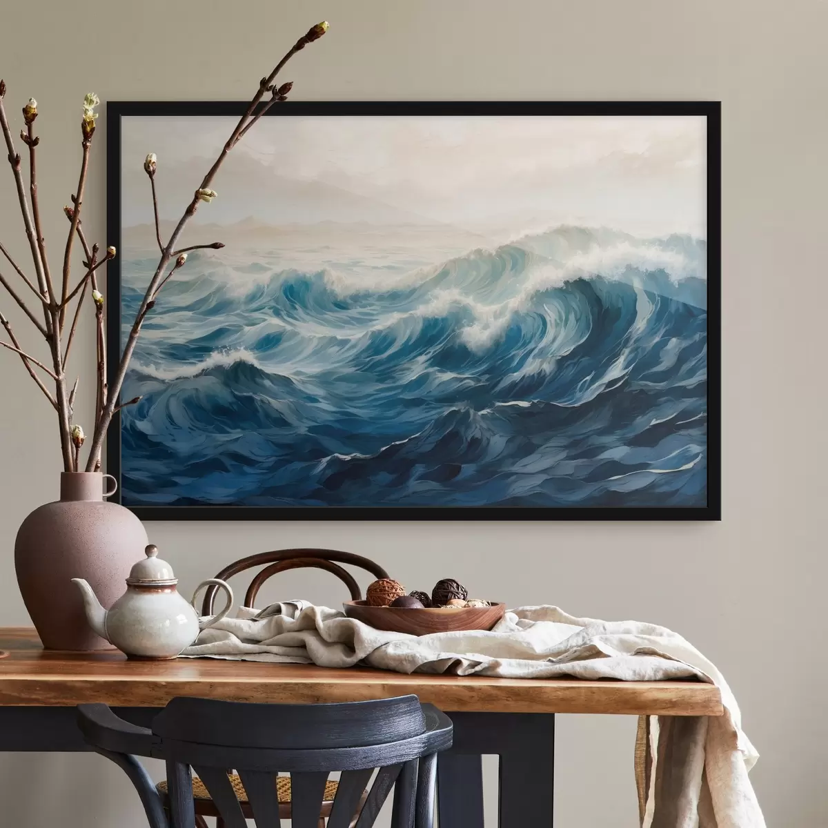 Poster Woeste golven in mist f42541