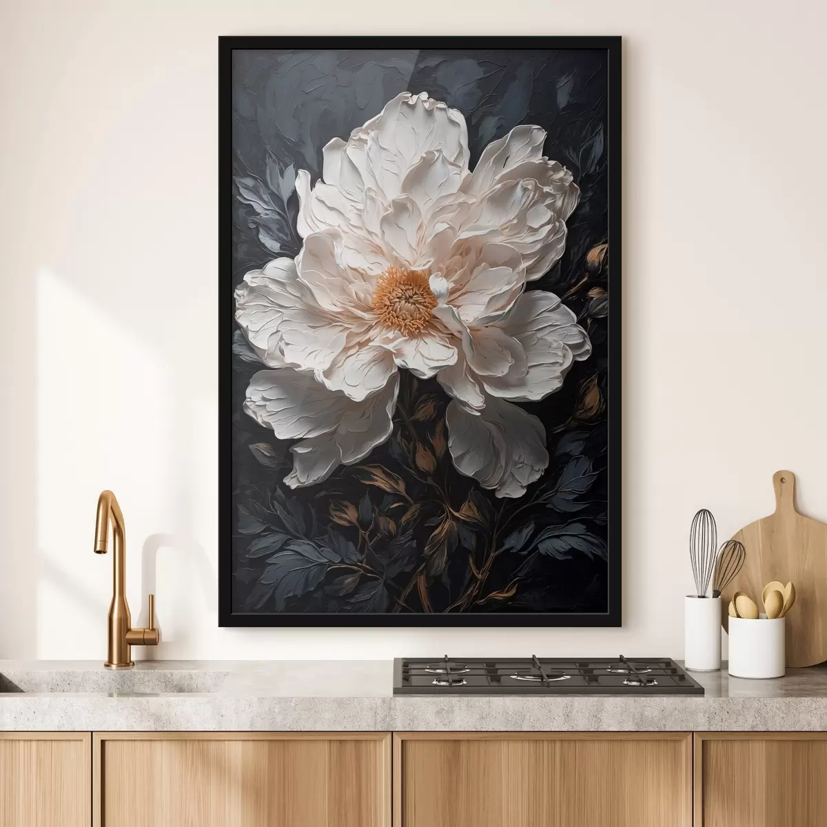Affiche Fleur blanche sur fond noir dans le style de la peinture à l'huile f42544